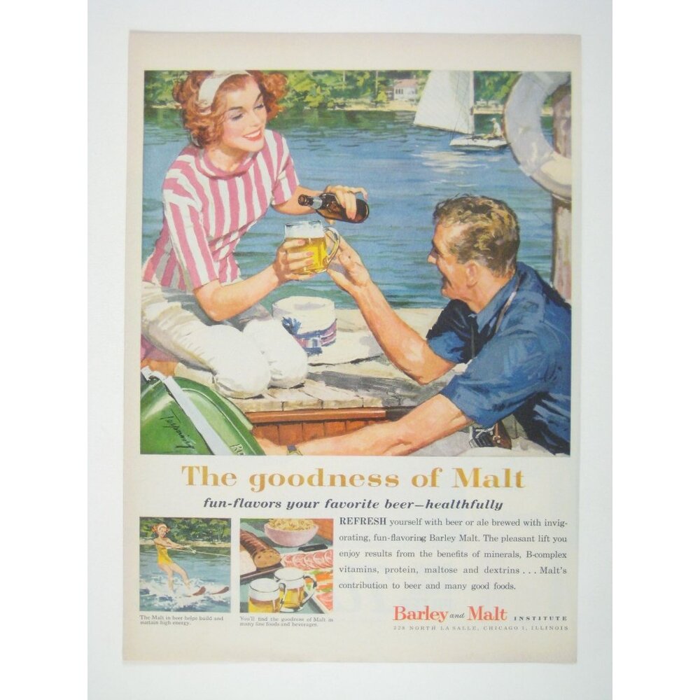 Vintage Barley Malt Institute Beer Ad Print 1950s Boating Ski Lake AD